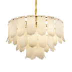 sculptural alabaster drum chandelier with leaf design – luxury pendant lighting for castle-inspired interiors