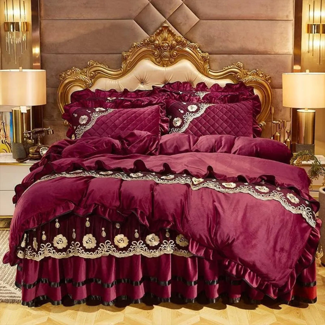 Burgundy velvet ruffled duvet cover set with golden embroidered florals, luxury princess bedding collection