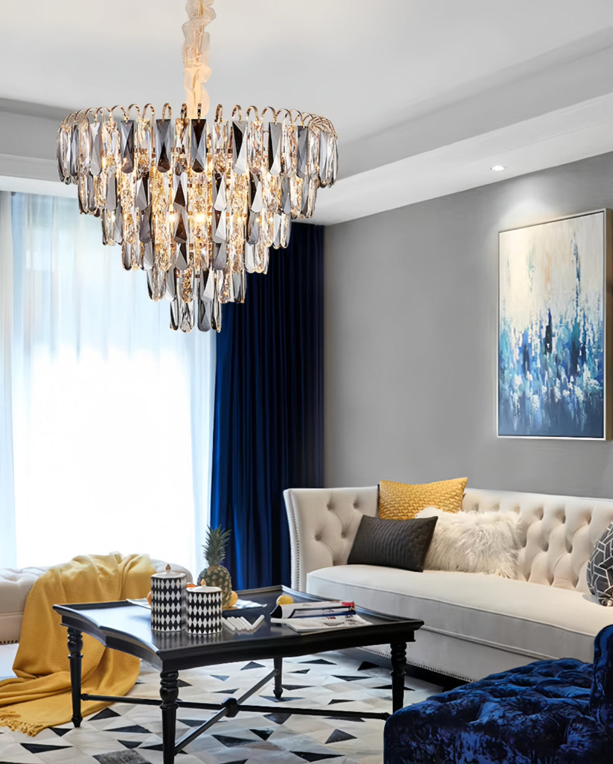 Ceiling mounted crystal chandelier showing gold canopy installation and adjustable suspension for 8-foot to 10-foot ceiling heights