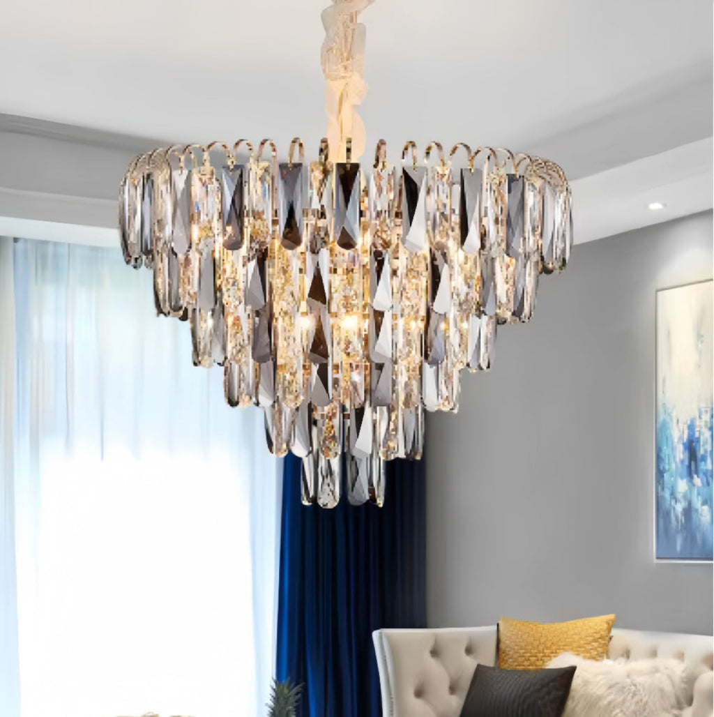 Gold crystal chandelier with 6 E14 lights installed above dining table creating ambient lighting and elegant atmosphere in modern luxury dining room