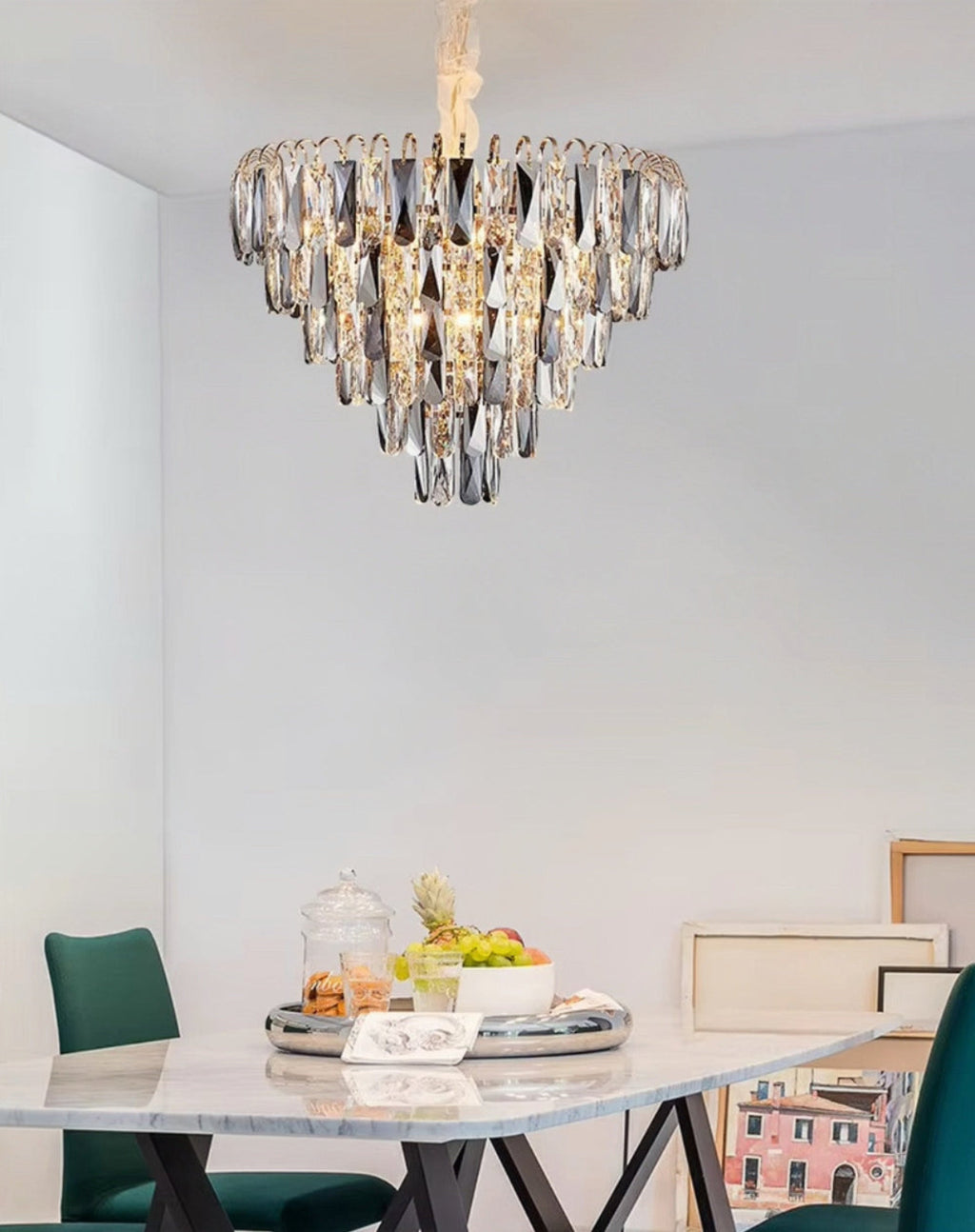 Modern crystal chandelier with gold finish hanging above kitchen island - LINKORI VRUKA 6-light fixture for contemporary kitchen lighting design