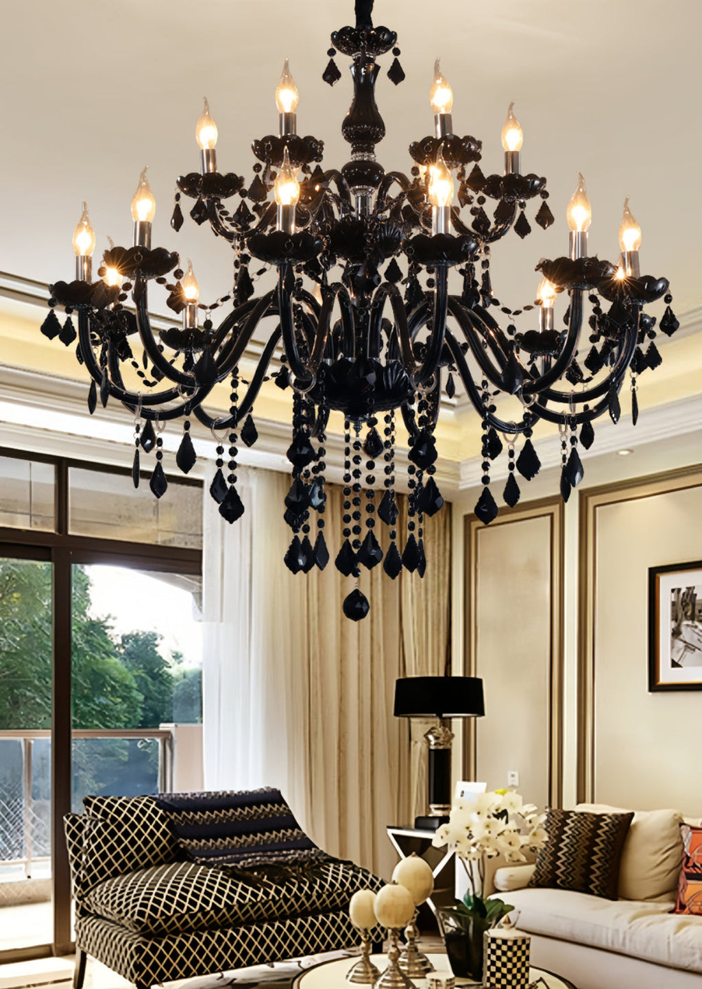 JANJULIQ black chandelier styled in vintage setting – castlecore meets contemporary moody luxury.