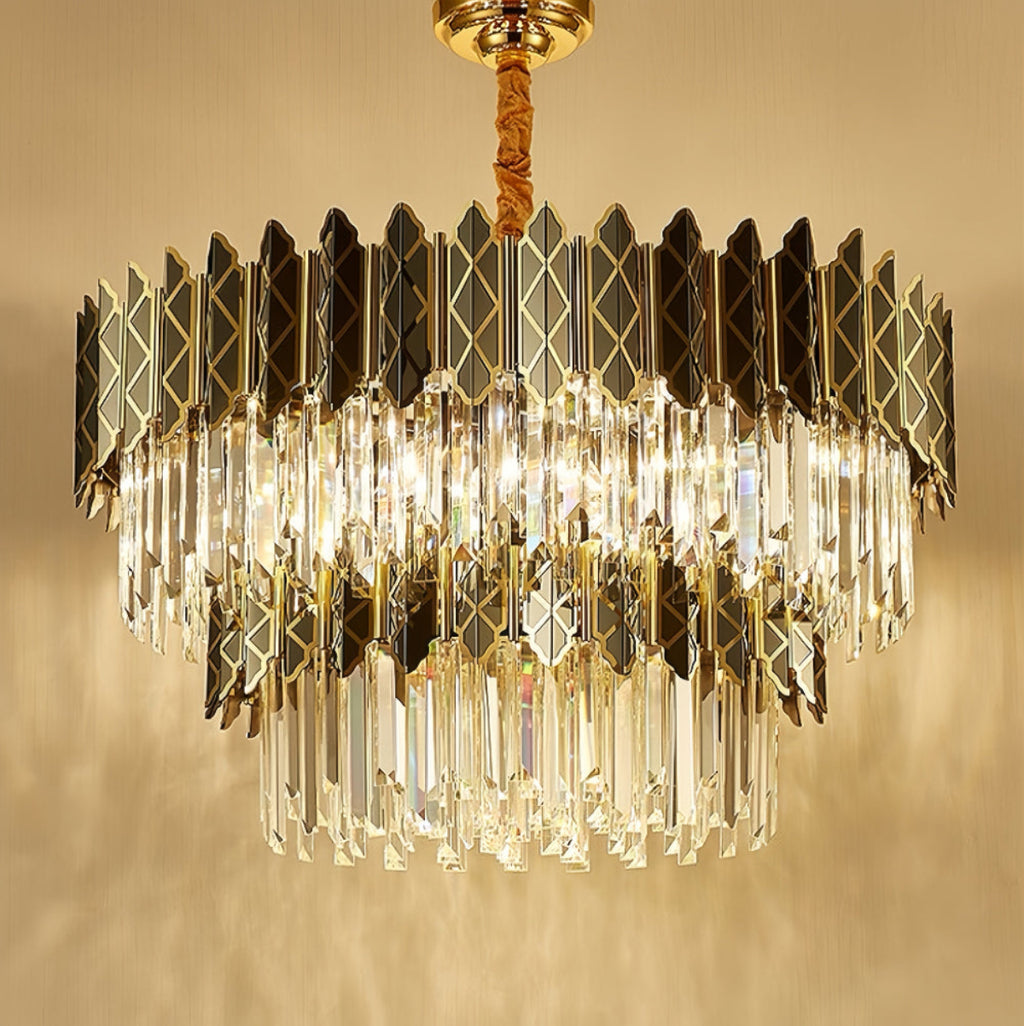 Luxury geometric chandelier in grand foyer entryway showing statement lighting design ideal for two-story ceiling and front entry hall decoration