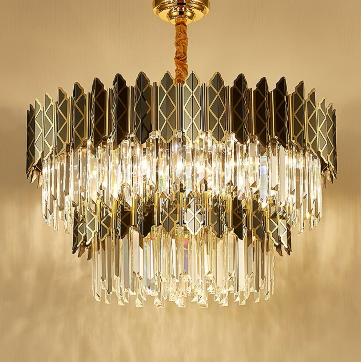 Luxury geometric chandelier in grand foyer entryway showing statement lighting design ideal for two-story ceiling and front entry hall decoration