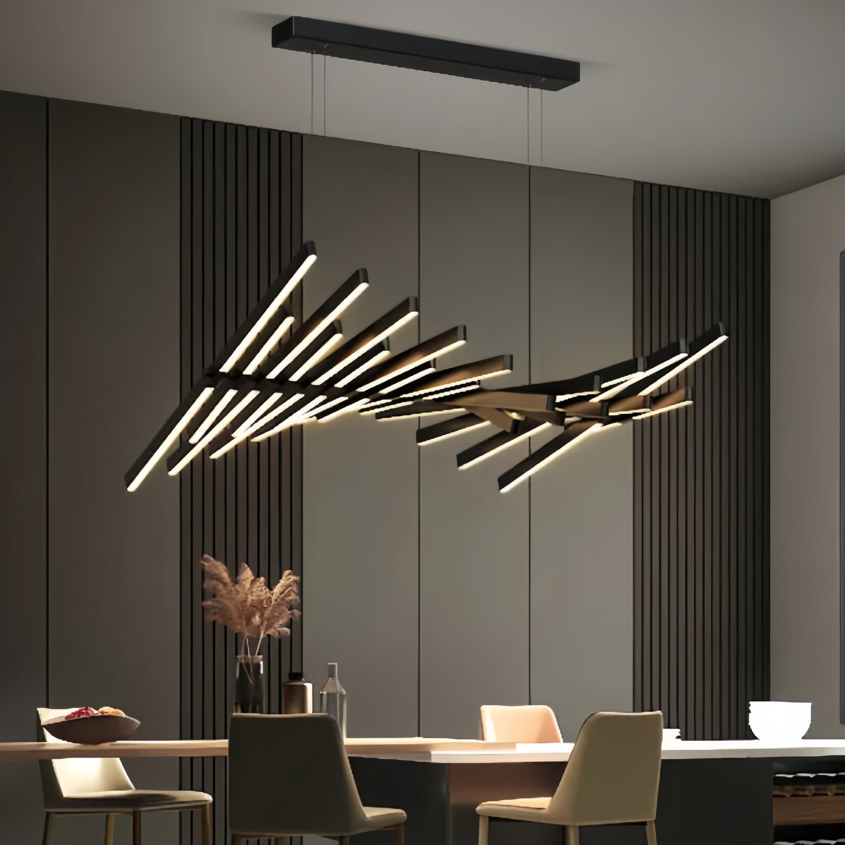 Black Designer Chandelier in Modern Luxury Dining Room – LINKORI Black Stick Custom Flex Lighting