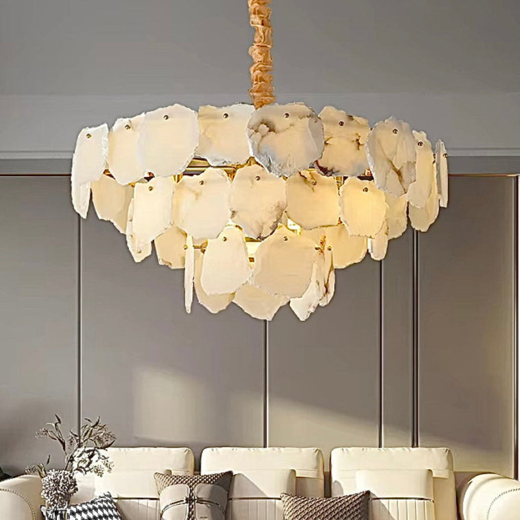 Alabaster drum chandelier - 3-tier gold pendant light for modern interior, neutral interior