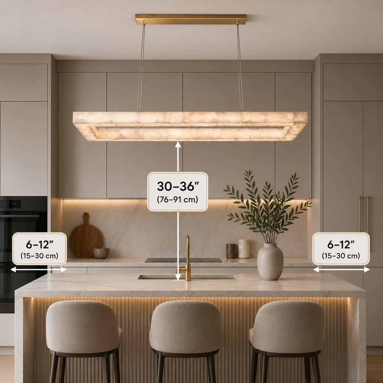 Kitchen island pendant light size, hanging height, and spacing guide for balanced lighting placement - LINKORI