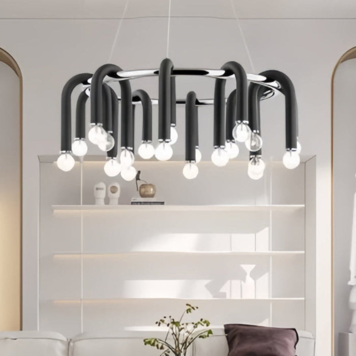 Artistic black and silver chandelier suspended in a minimalist modern living room – LINKORI PRHEAL sculptural LED lighting
