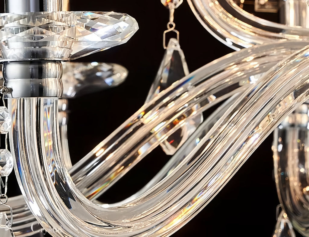 Close-up of LINKORI LUXULUXE curved glass arms – transparent detailing with embedded crystal accents
