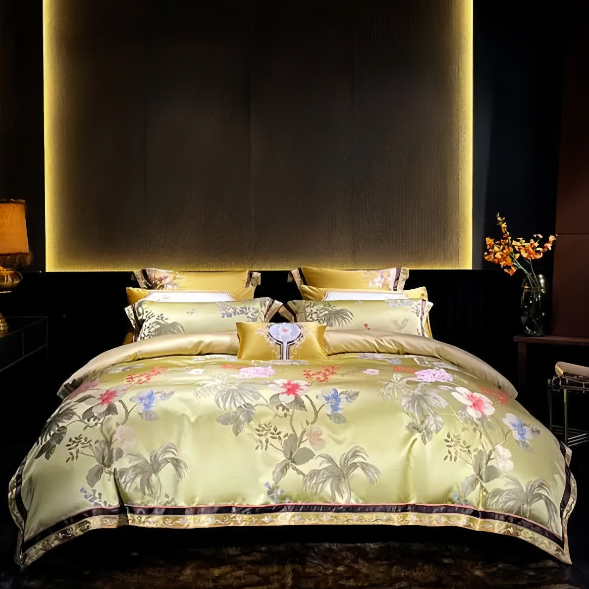 Luxury Gold Floral Satin Jacquard Bedding – 100% Egyptian Cotton Duvet Cover 4/6/10-Piece Set | LINKORI Imperial Bloom