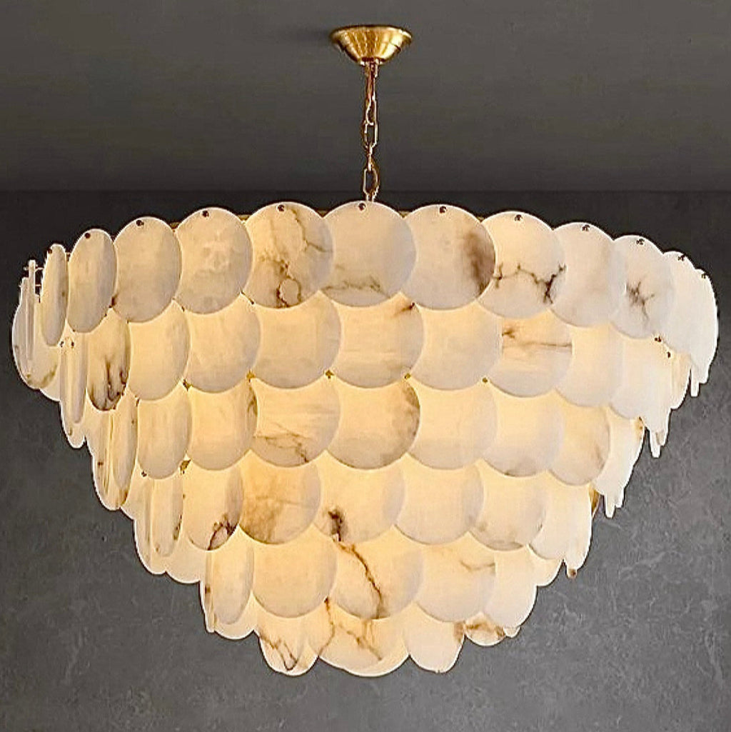 Spain alabaster disc chandelier close-up, natural veining, gold copper frame, 3000K glow — LINKORI RODDLE