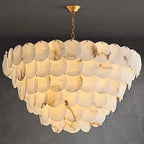 Spain alabaster disc chandelier close-up, natural veining, gold copper frame, 3000K glow — LINKORI RODDLE