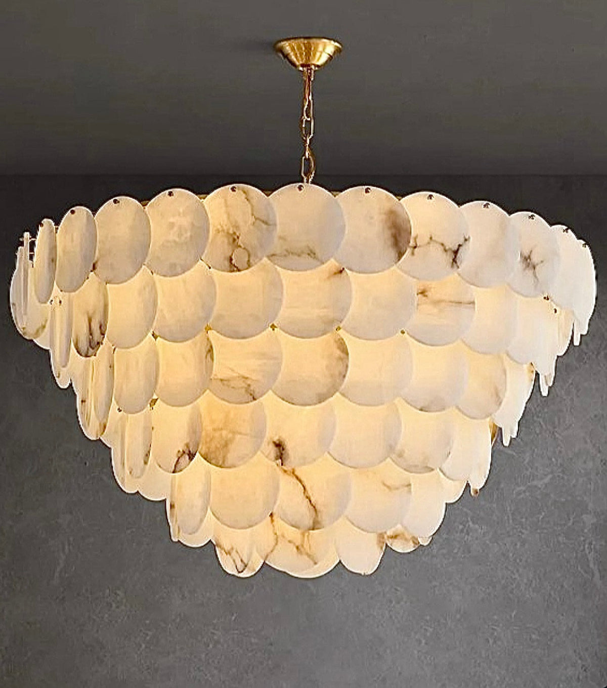 6-tier alabaster pendant chandelier, statement gold lighting for upscale dining room.