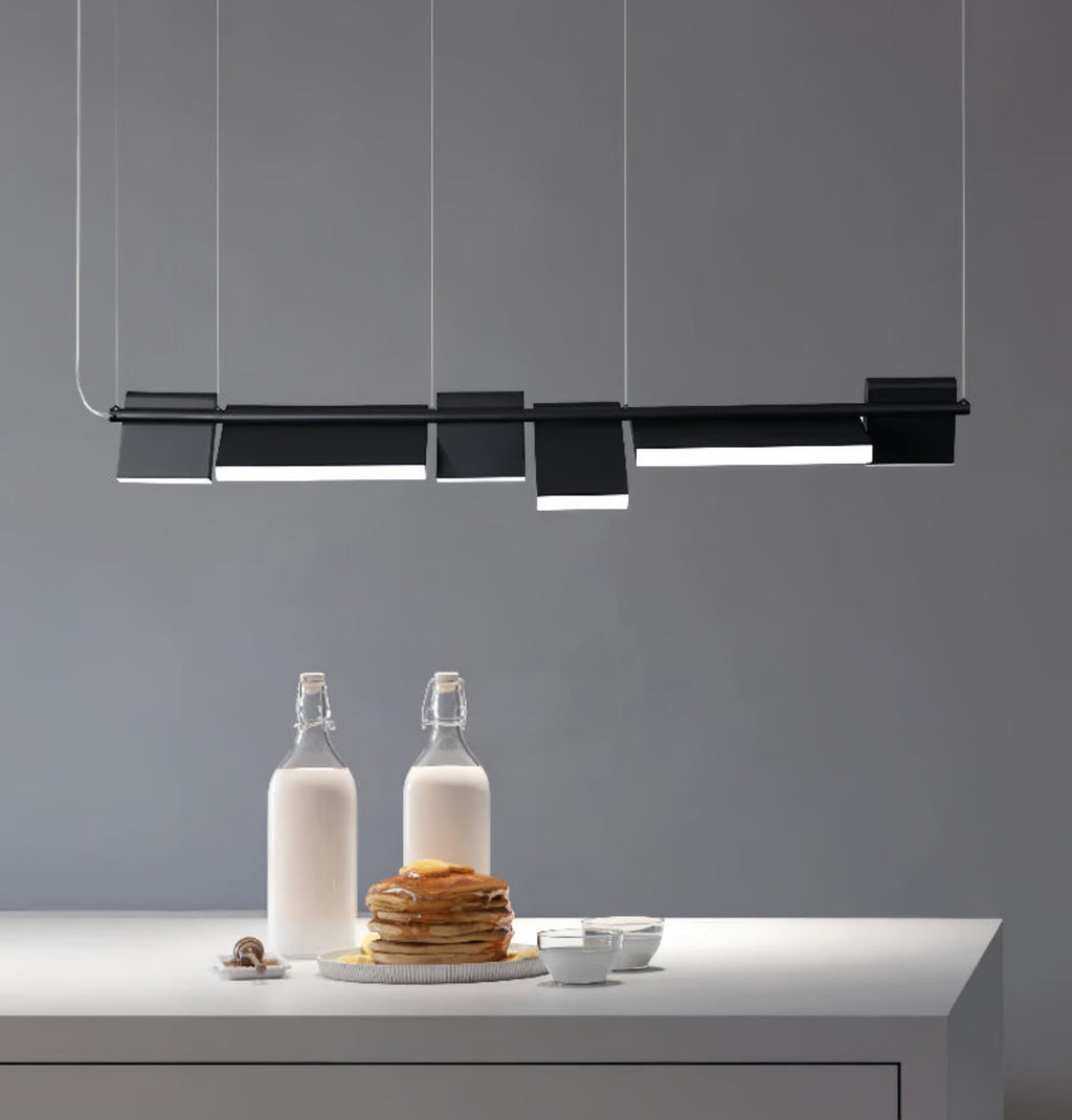 Modern kitchen island lighting above dining table – sculptural modular 6-panel black LED chandelier | LINKORI MODULQ BLACK LINE.