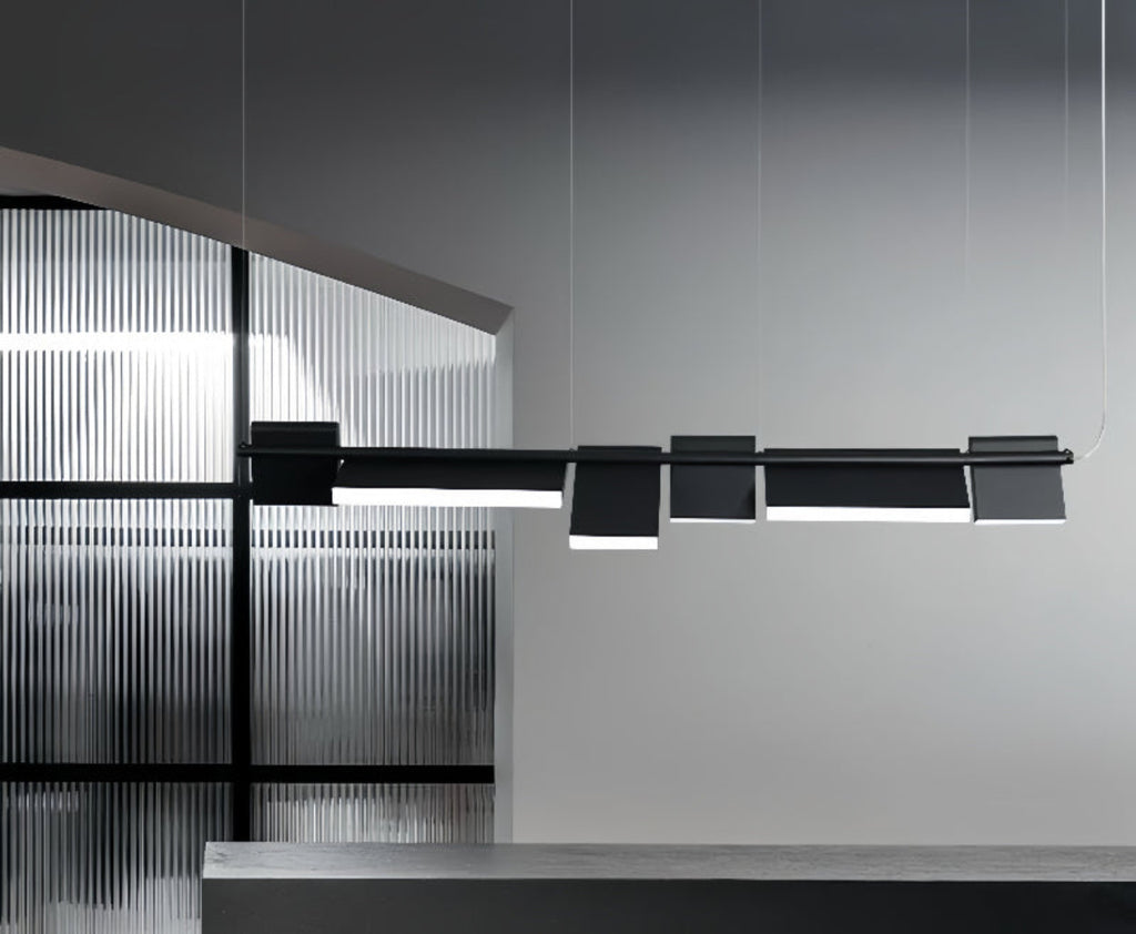 Modern luxury kitchen island chandelier – matte black 6-panel modular LED pendant for sculptural interior lighting | LINKORI MODULQ BLACK LINE.
