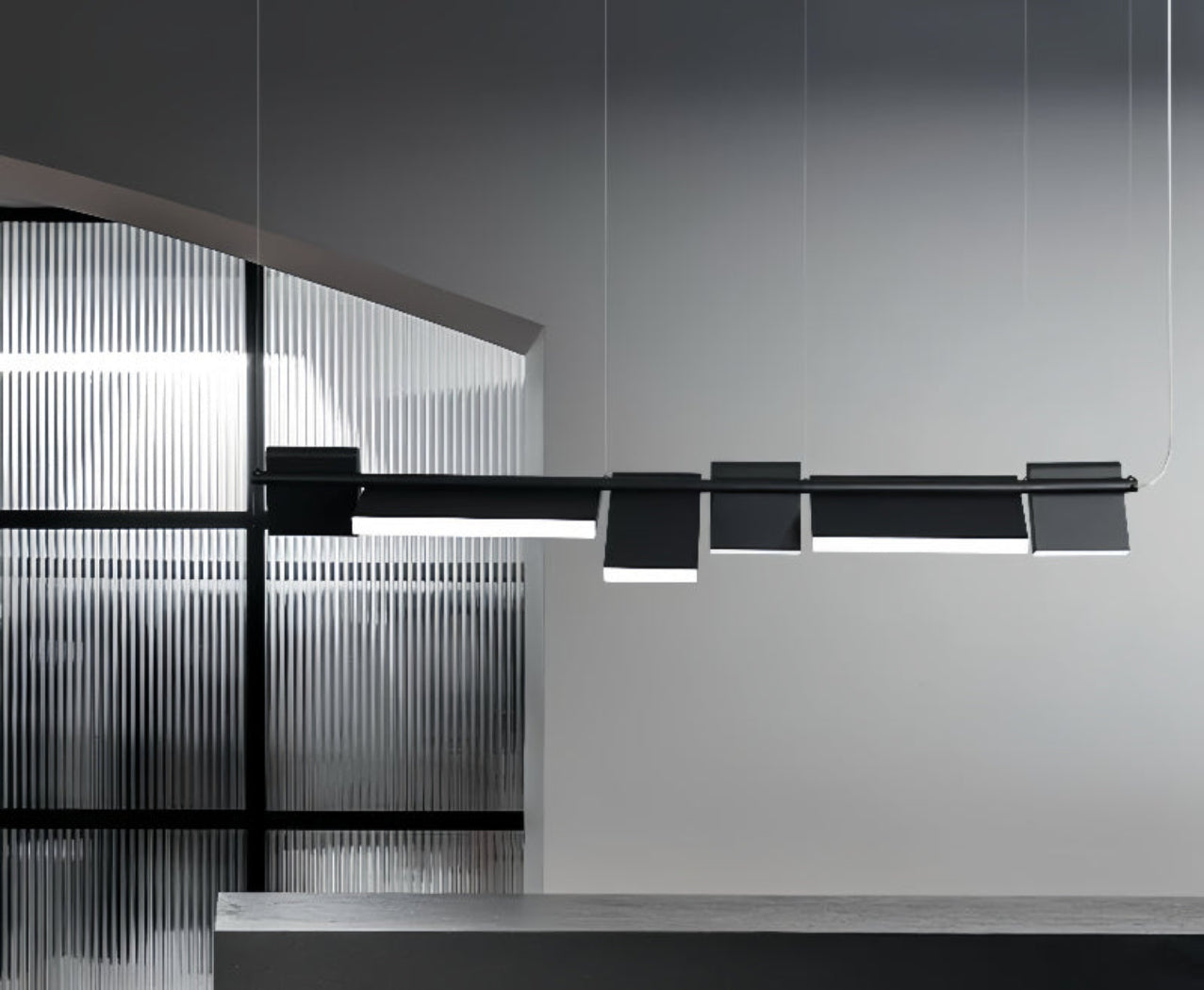 Modern luxury kitchen island chandelier – matte black 6-panel modular LED pendant for sculptural interior lighting | LINKORI MODULQ BLACK LINE.