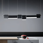 Modern marble and wood kitchen island lighting – matte black adjustable linear LED chandelier with 6 sculptural panels | LINKORI MODULQ BLACK LINE.