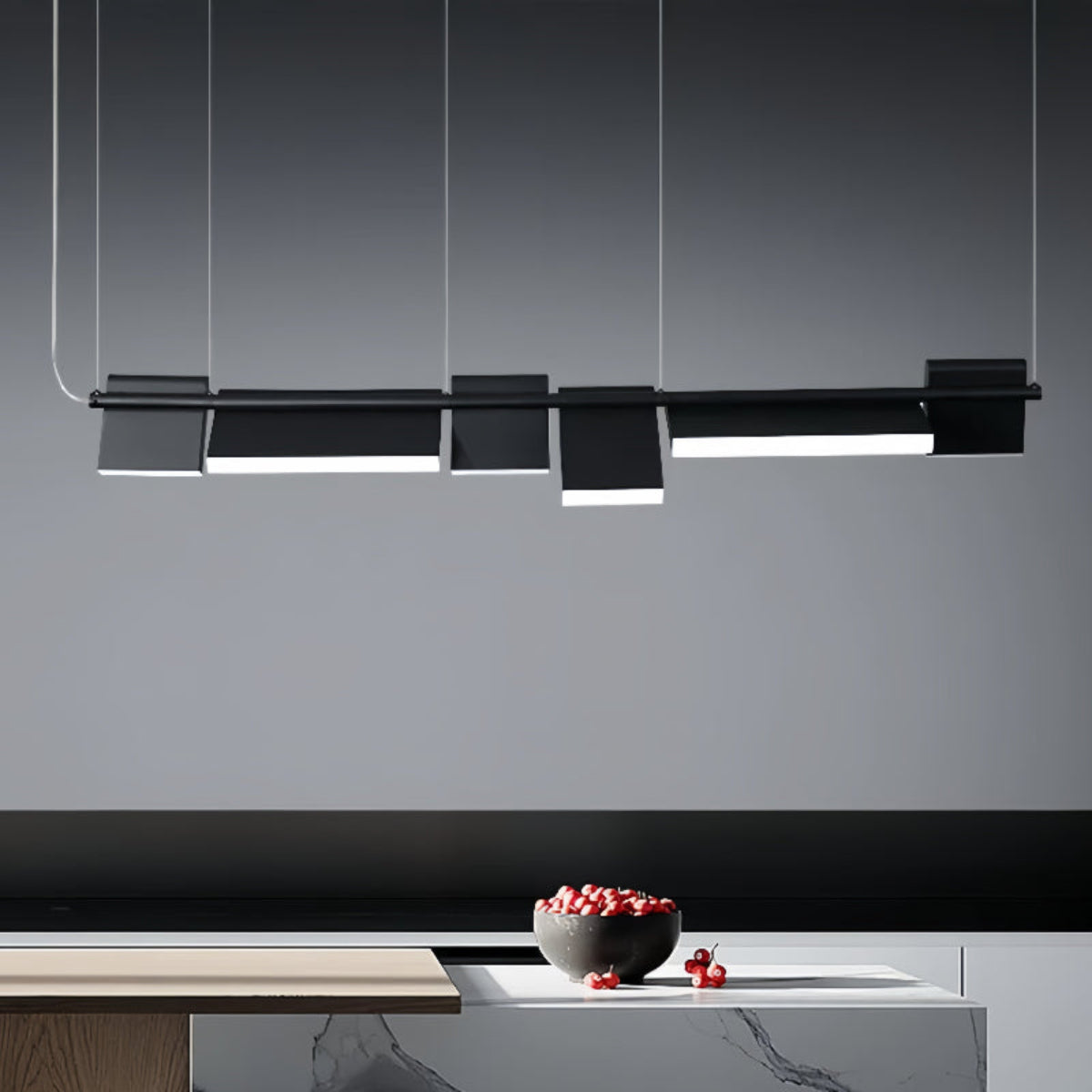 Modern marble and wood kitchen island lighting – matte black adjustable linear LED chandelier with 6 sculptural panels | LINKORI MODULQ BLACK LINE.