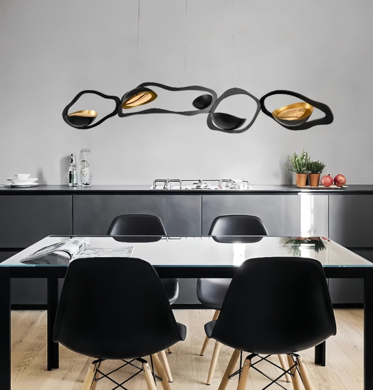 Contemporary Statement Chandelier in Modern Luxury Dining Room — sculptural wave form blends with upscale minimalist décor