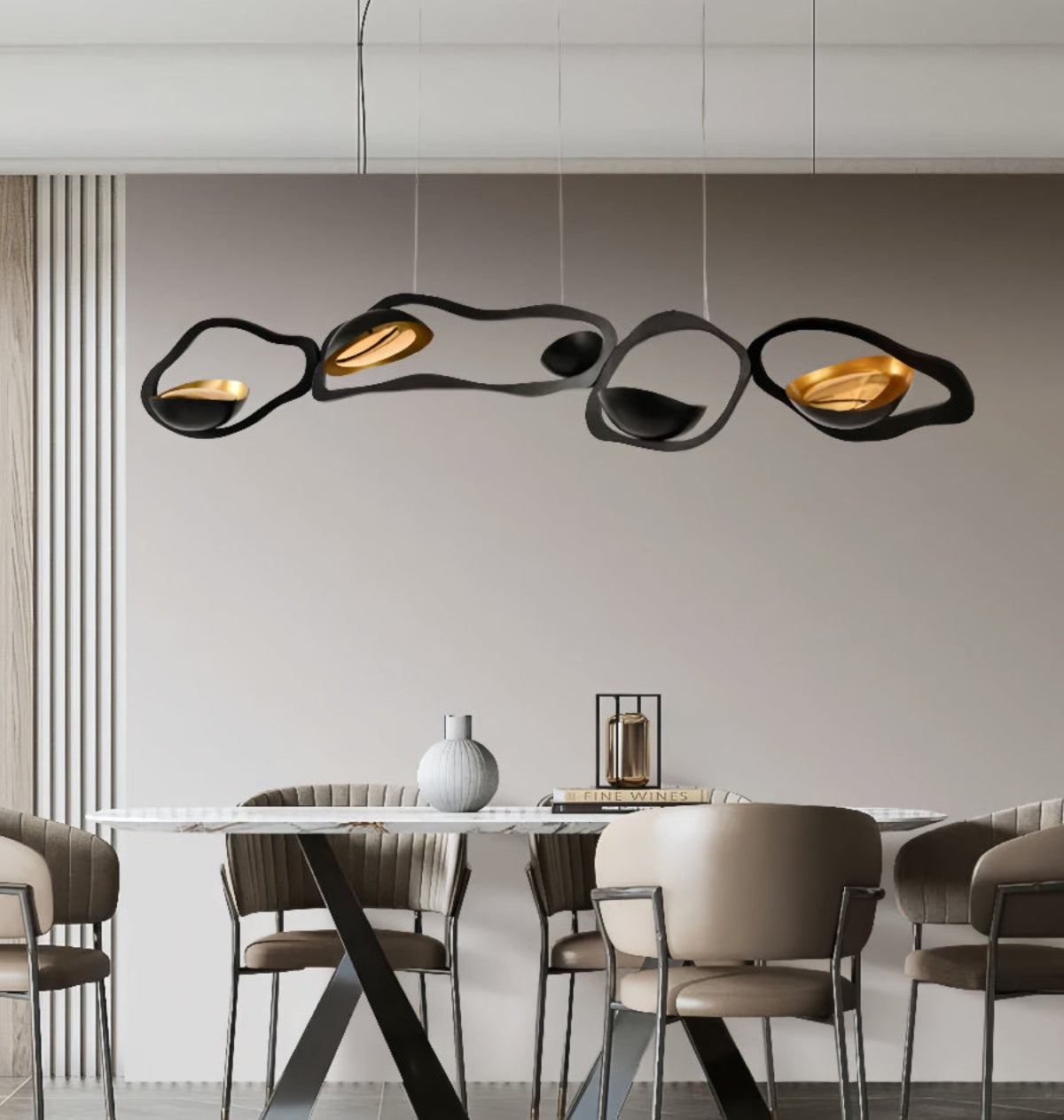 Black and Gold Designer Chandelier in Neutral-Toned Interior — organic LED pendant light elevating calm modern setting