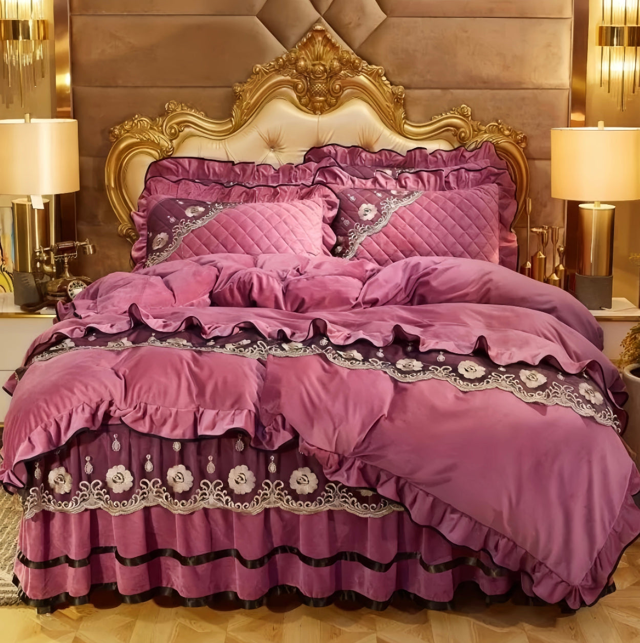 Sophisticated mauve pink velvet bedding set, LINKORI The Velvet quilted fleece with palace elegance