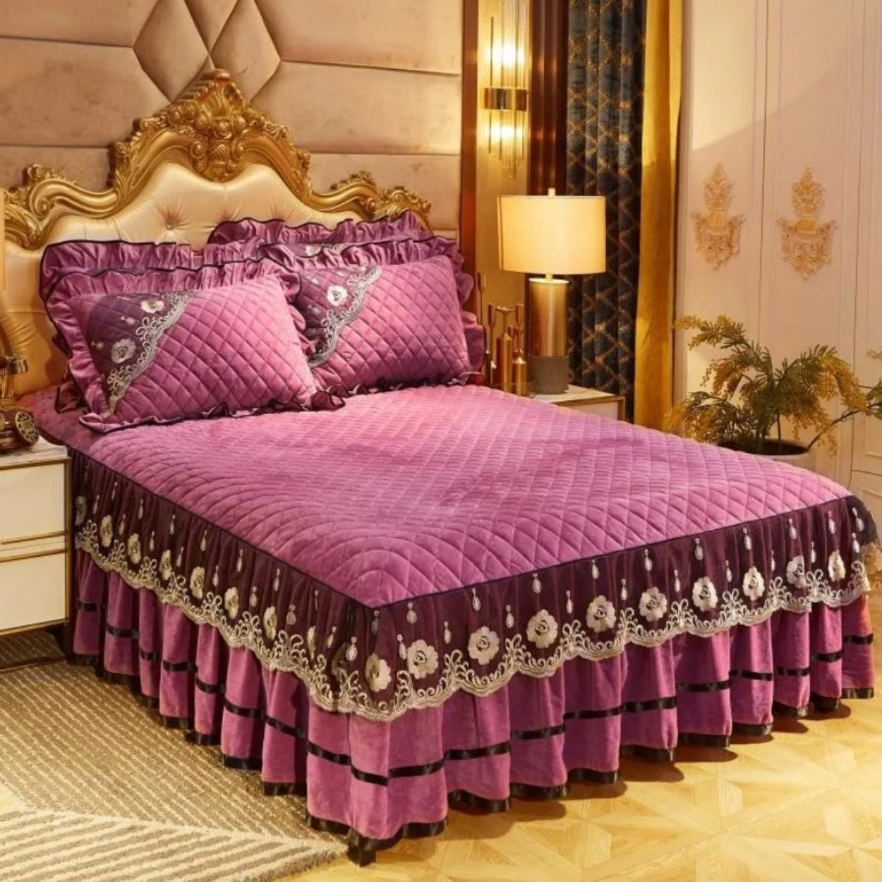 Luxury fleece velvet mauve pink bedding with golden floral embroidered design for princess interiors