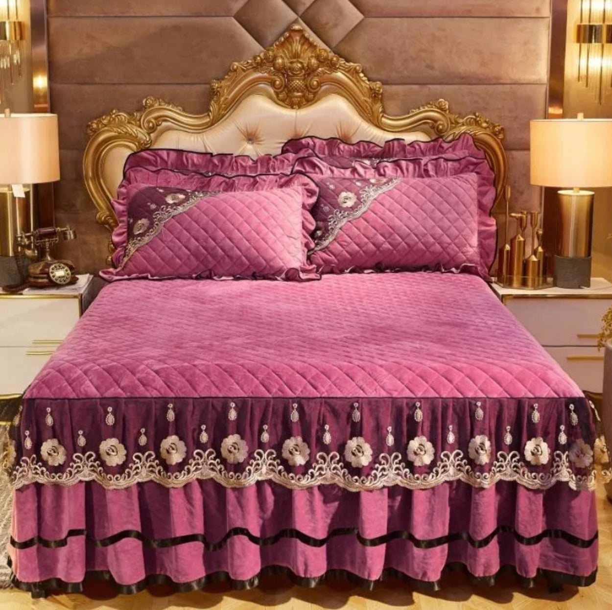 Mauve pink velvet duvet cover with cascading ruffles and gold embroidery, elegant bedroom decor