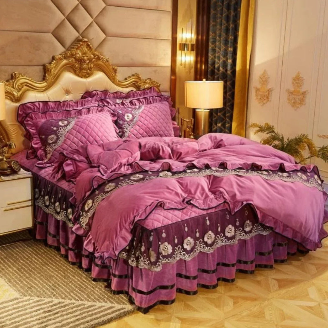 Sophisticated mauve pink velvet comforter set with ornate bed skirt, feminine luxury bedroom style