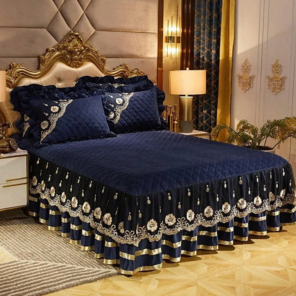 Regal navy blue velvet bedding set, LINKORI The Velvet quilted fleece with palace elegance