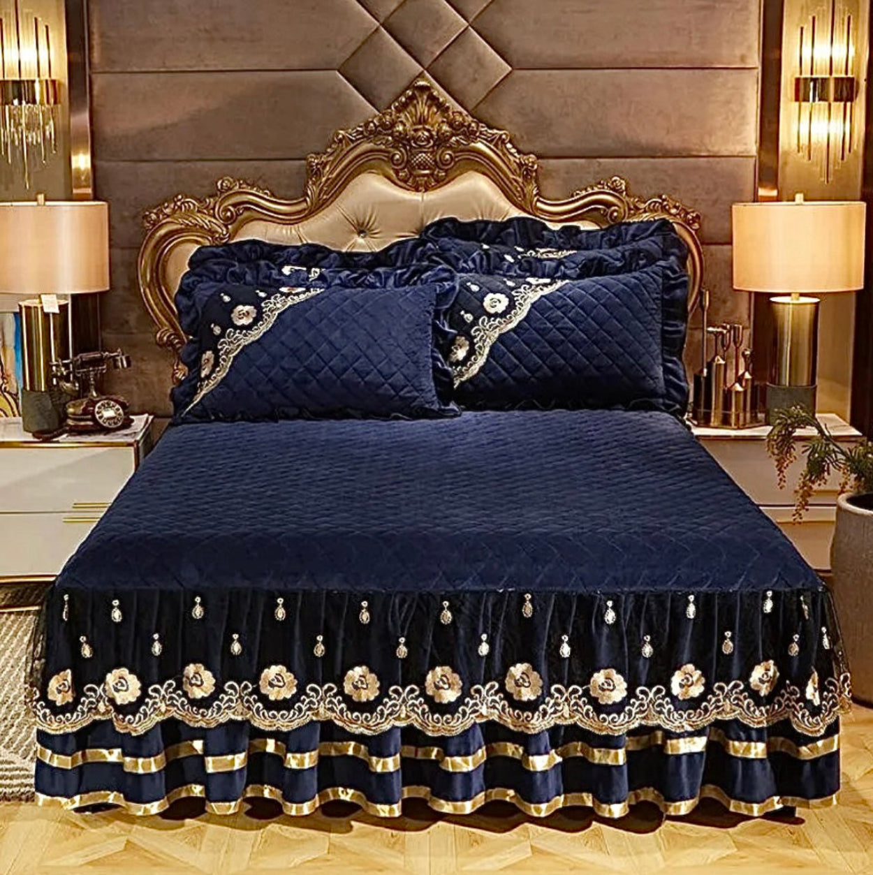 Luxury fleece velvet navy blue bedding with golden floral embroidered design for regal interiors