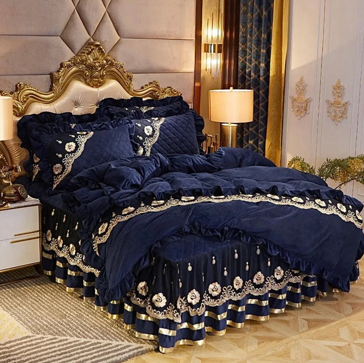 Navy blue velvet duvet cover with cascading ruffles and gold embroidery, royal bedroom decor