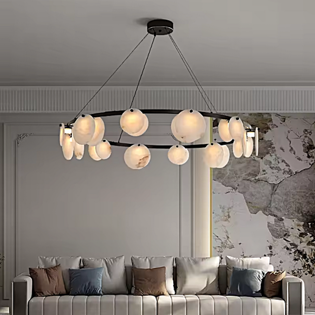 organic alabaster chandelier for modern dining room with black sculptural ring design