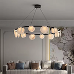 organic alabaster chandelier for modern dining room with black sculptural ring design
