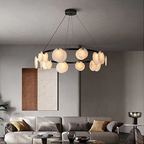 organic alabaster chandelier for luxury living room with minimalist sofa and wall art