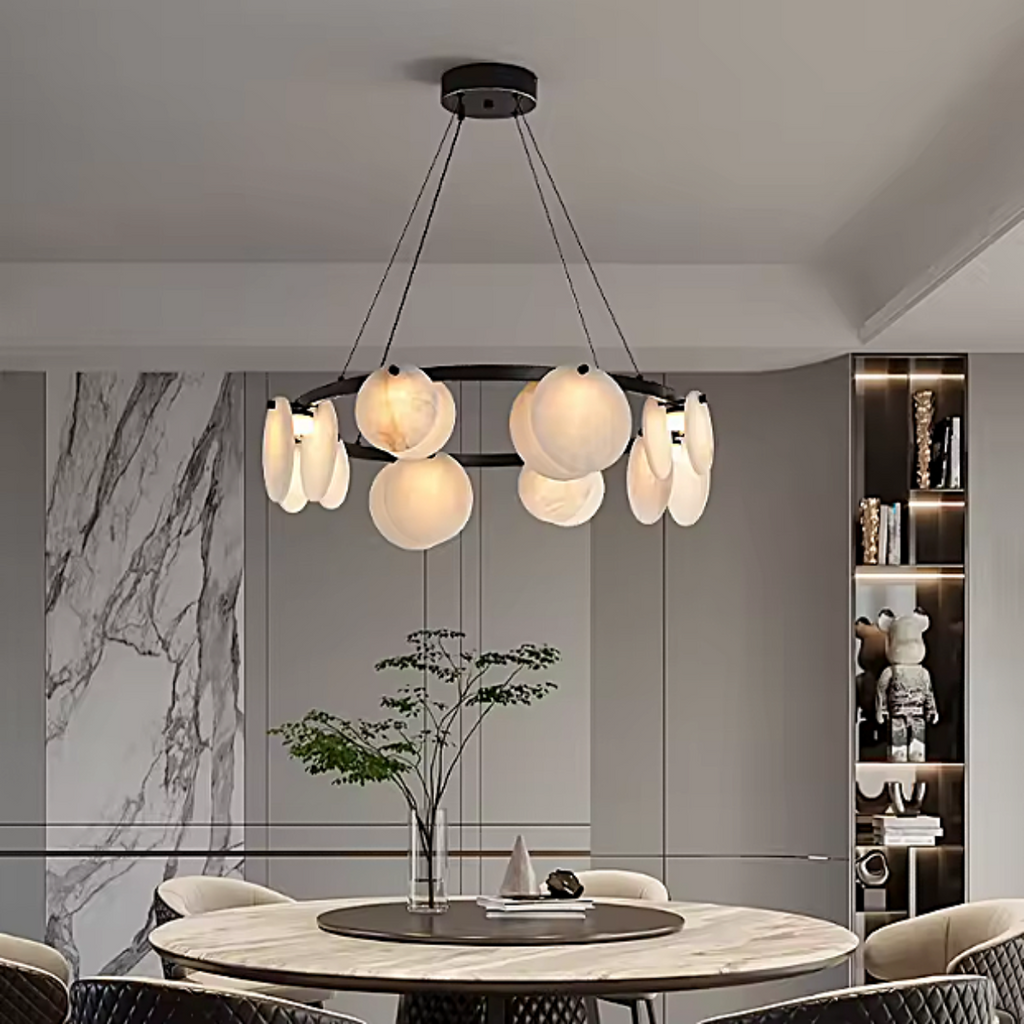 alabaster ring chandelier for open concept kitchen and dining area modern interior