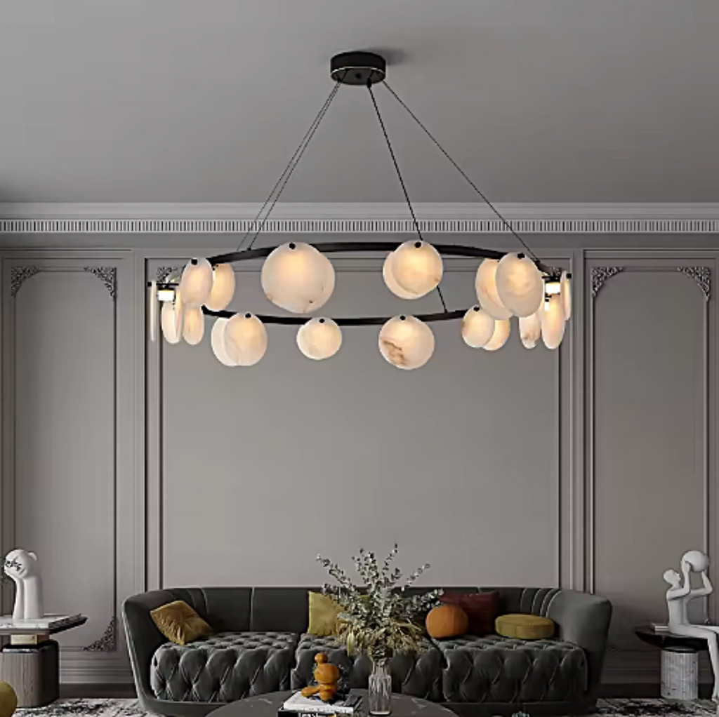 organic modern chandelier for high ceiling living room with neutral interior design