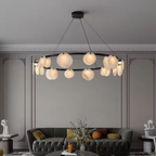 organic modern chandelier for high ceiling living room with neutral interior design