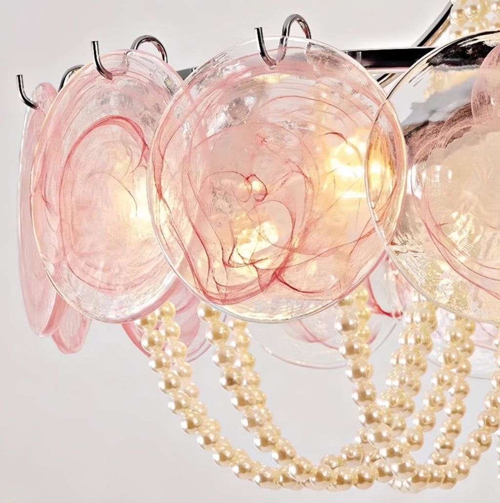 Macro of glass disc + pearl-beaded chandelier — Murano-inspired discs, draped beading, Hollywood Regency design | LINKORI PALACE macro view