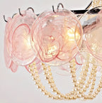 Macro of glass disc + pearl-beaded chandelier — Murano-inspired discs, draped beading, Hollywood Regency design | LINKORI PALACE macro view