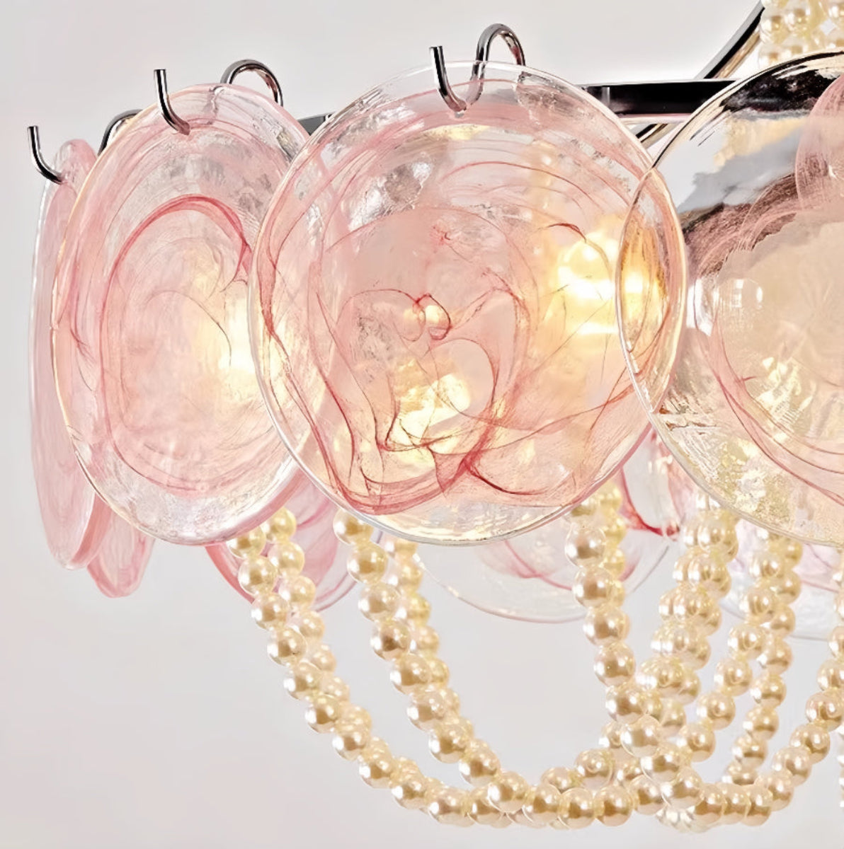 Macro of glass disc + pearl-beaded chandelier — Murano-inspired discs, draped beading, Hollywood Regency design | LINKORI PALACE macro view