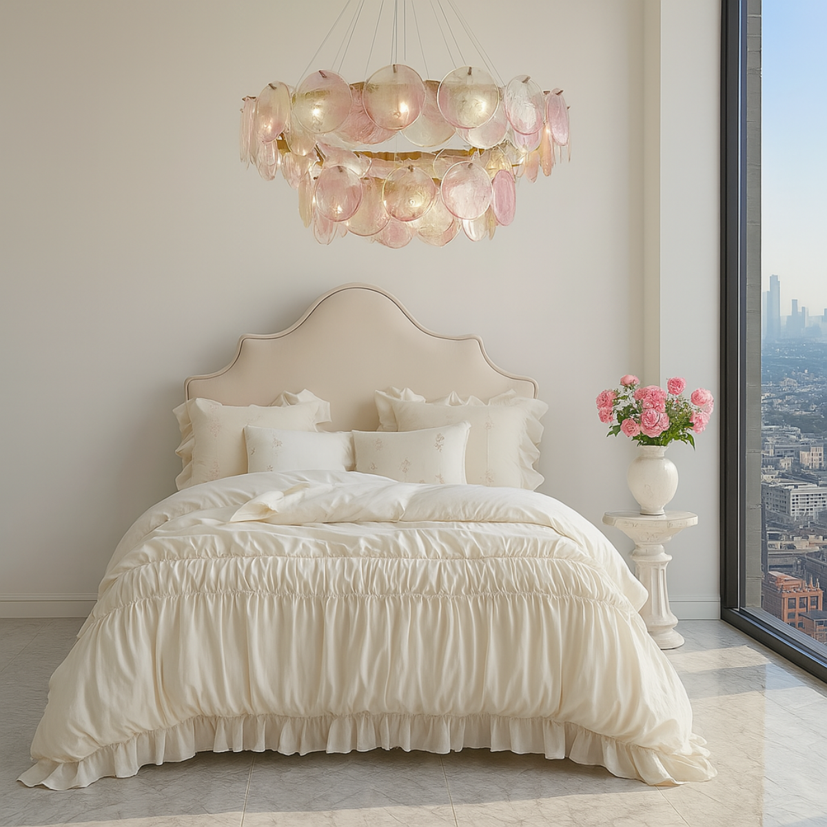 Murano Pink Glass Chandelier – 2-Layer Vintage Pendant Light for Modern Bedroom & Romantic Bedroom