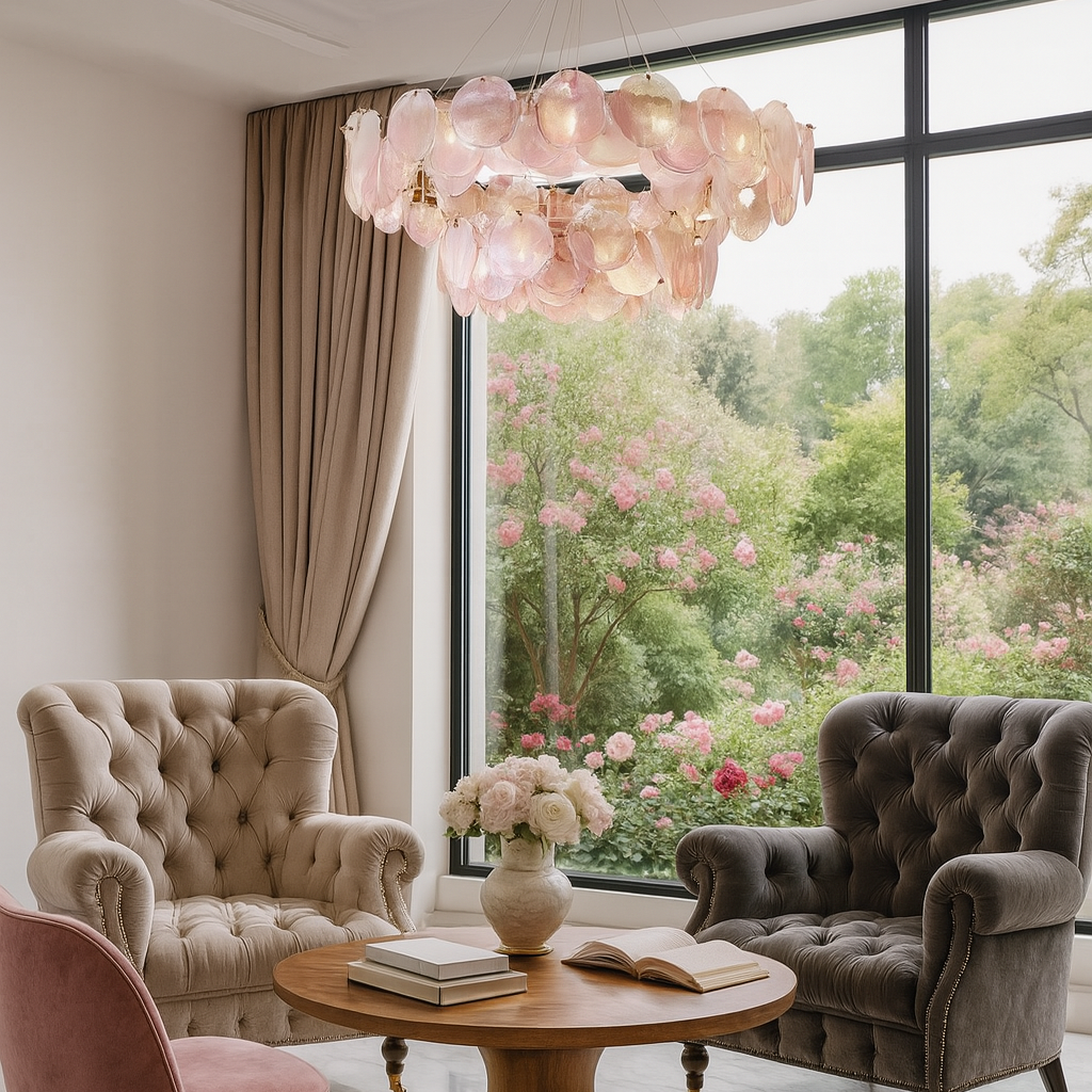 Murano Pink Glass Chandelier – 2-Layer Vintage Pendant Light for Luxury Modern Living Room