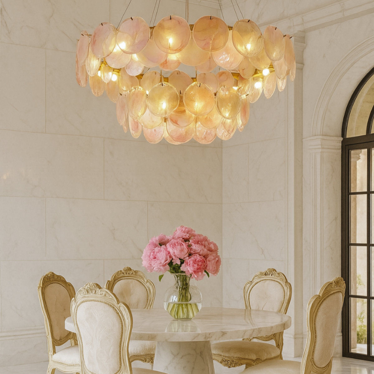 Murano Pink Glass Chandelier – 2-Layer Vintage Pendant Light for Contemporary Dining Room 