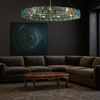 PRUTIKE chandelier styled above a velvet sofa in a castlecore-inspired living room – blending vintage romance with modern light

