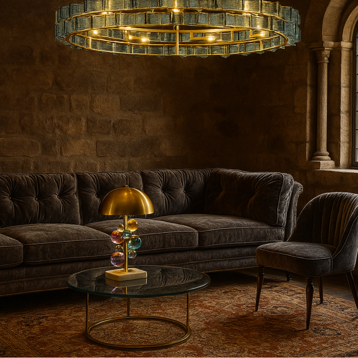 LINKORI PRUTIKE chandelier paired with Castlecore table lamp – a curated lighting duo for refined, nostalgic interiors