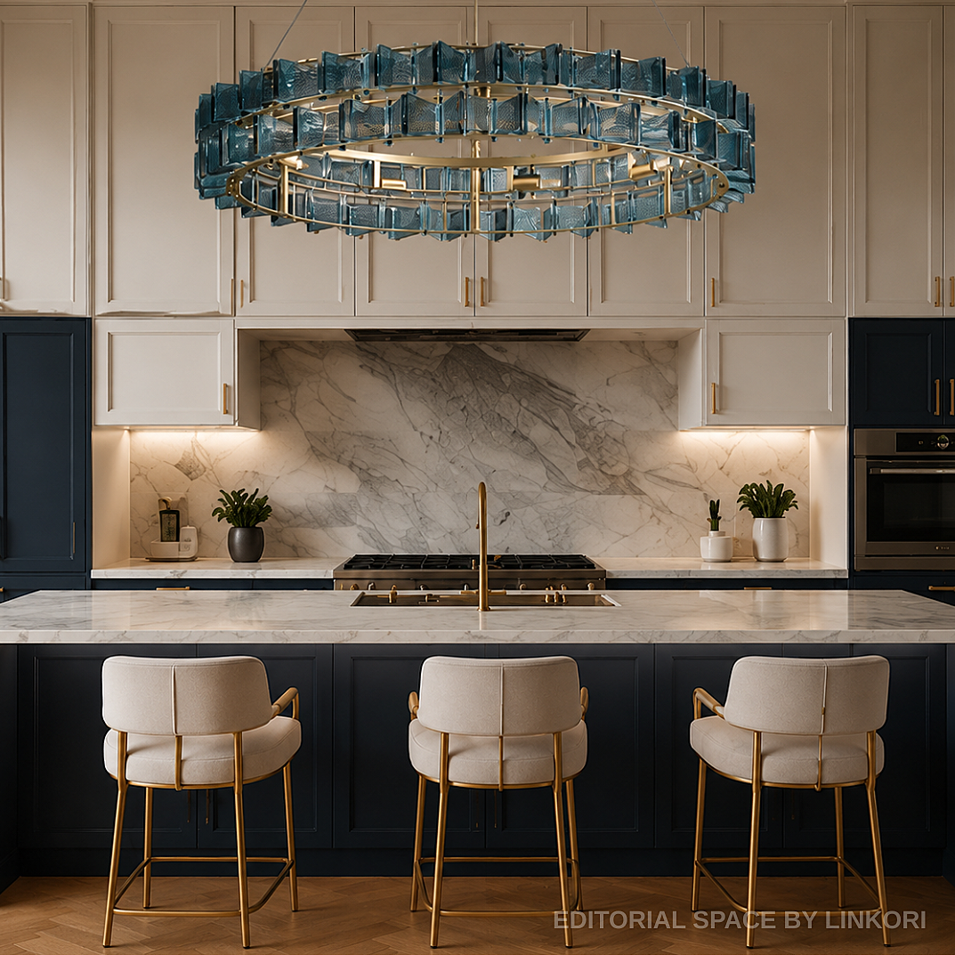 modern blue glass chandelier above luxury kitchen island with marble surfaces and contemporary cabinetry – LINKORI PRUTIKE