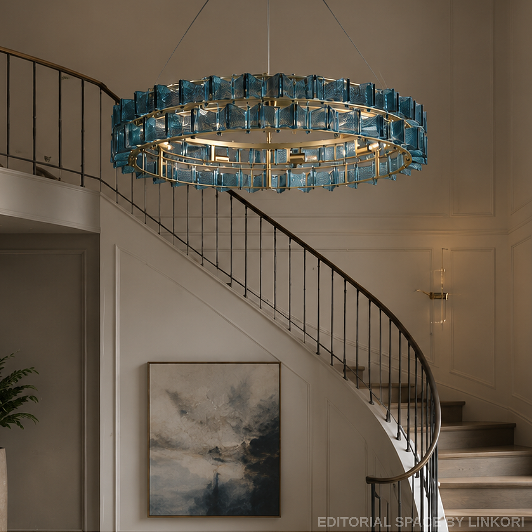 luxury blue glass chandelier in modern staircase foyer with architectural high ceiling interior – LINKORI PRUTIKE