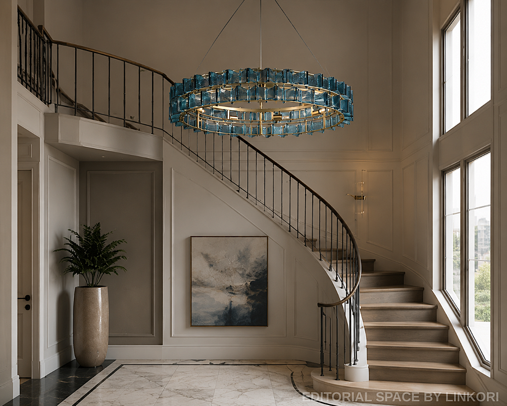 luxury blue glass chandelier in modern staircase foyer with architectural high ceiling interior – LINKORI PRUTIKE