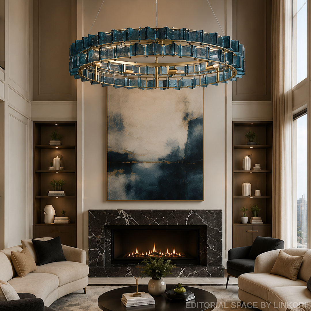 modern blue glass chandelier in contemporary luxury living room with sculptural interior and warm ambient lighting – LINKORI PRUTIKE