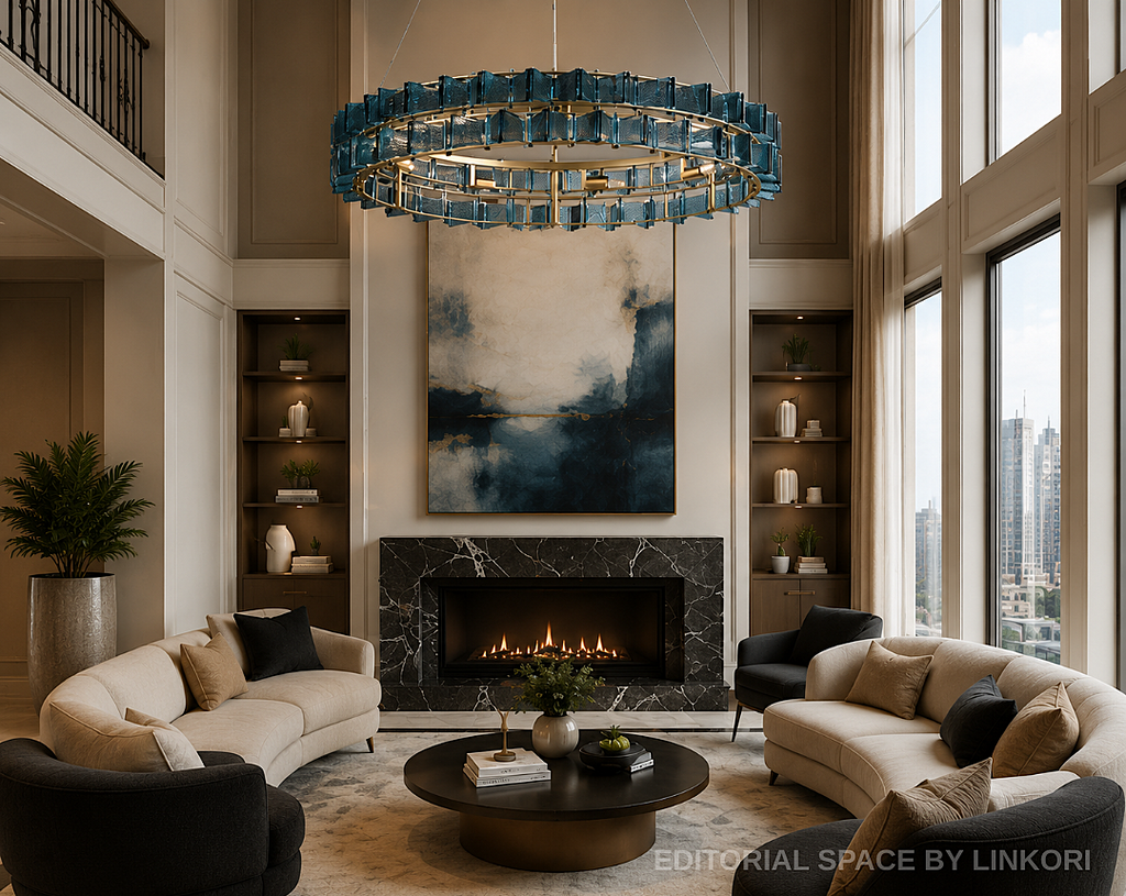 modern blue glass chandelier in contemporary luxury living room with sculptural interior and warm ambient lighting – LINKORI PRUTIKE
